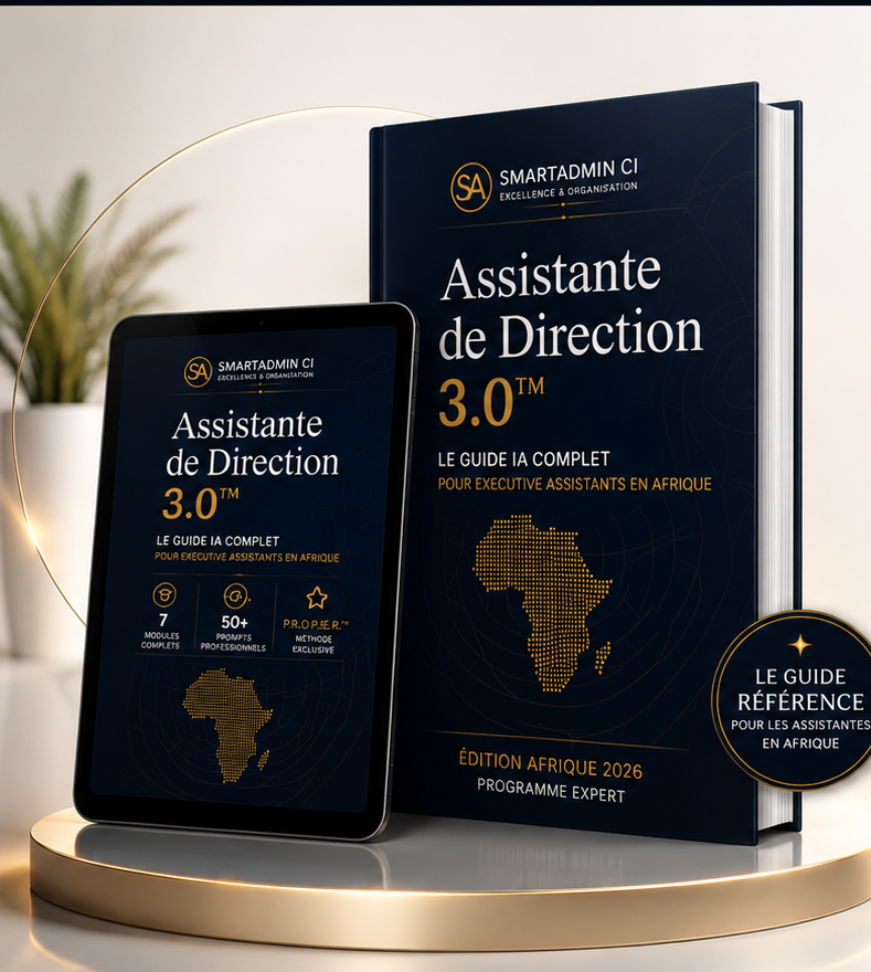 E-book Assistante de Direction 3.0 — livre et tablette sur socle premium